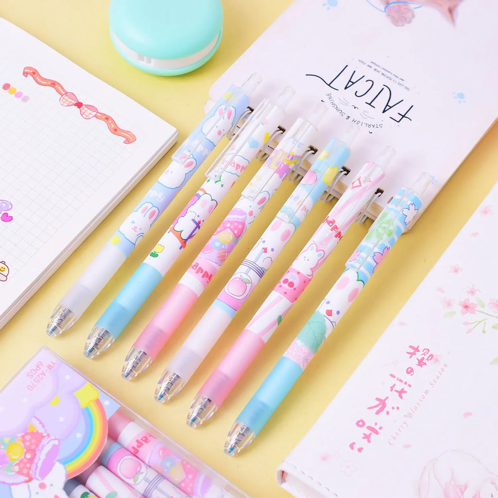 Six cartoon bunny design pens with 0.5mm black ink in plastic barrels