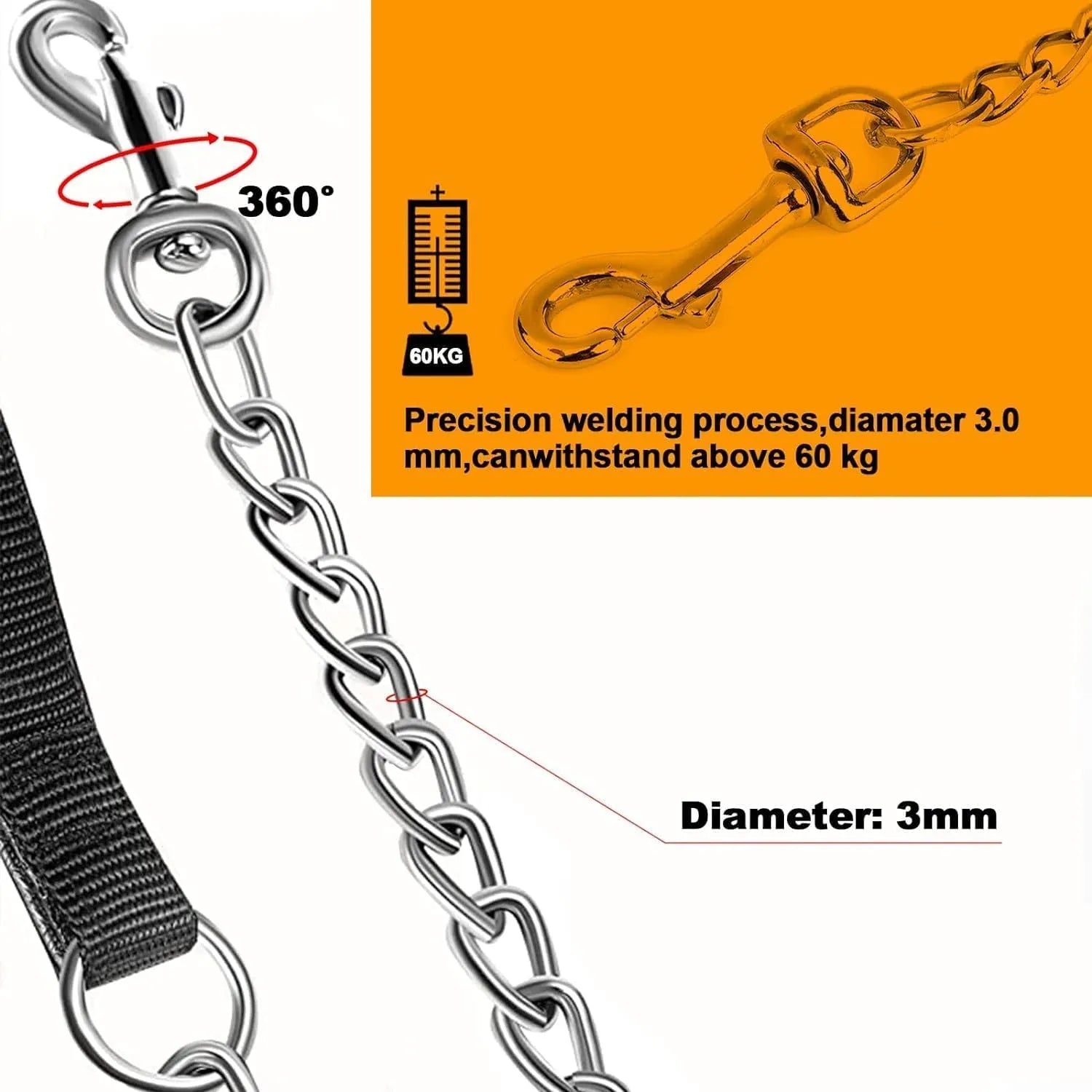 Heavy duty metal dog leash chain with soft padded handle in black colour