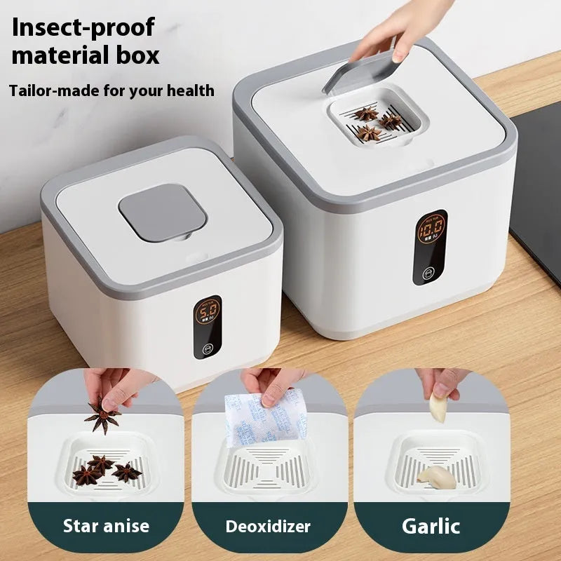 Grey plastic rice storage jar with lid and measuring cup in insect-proof moisture-proof design