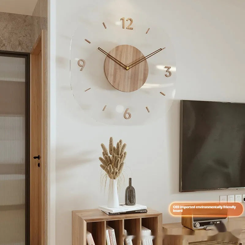 Modern square transparent wooden wall clock showing visible mechanical gears, 35cm size.