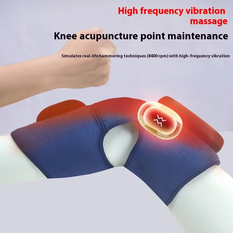 Airbag Blue self-heating knee massager showing vibration, heating and compression functions