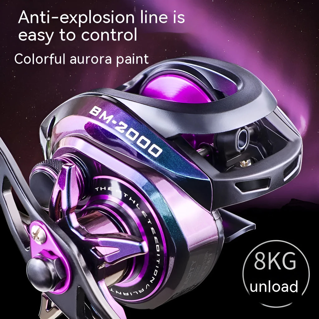 BM2000 fishing reel with water drop shape and magnetic brake system, shown in left-hand and right-hand retrieve options.