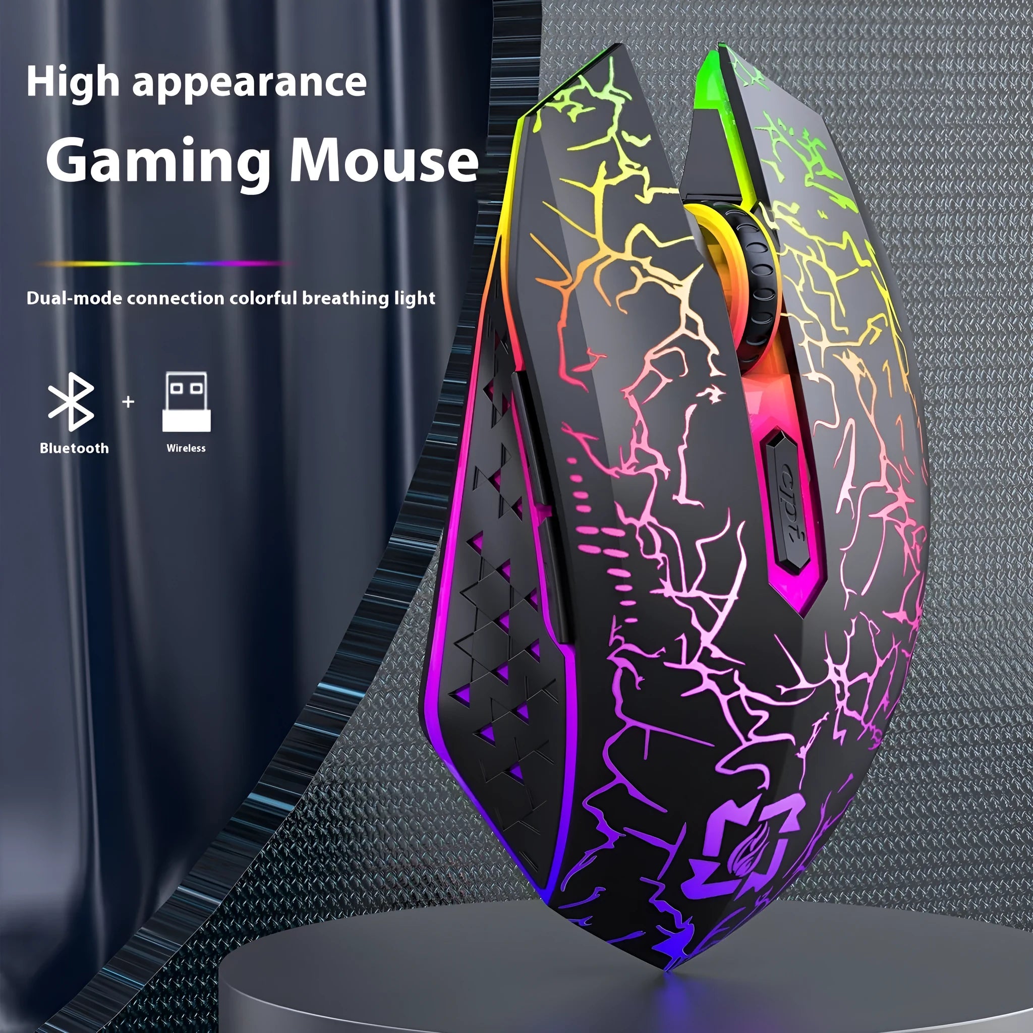 Black and white wireless gaming mouse with luminous breathing light on desktop
