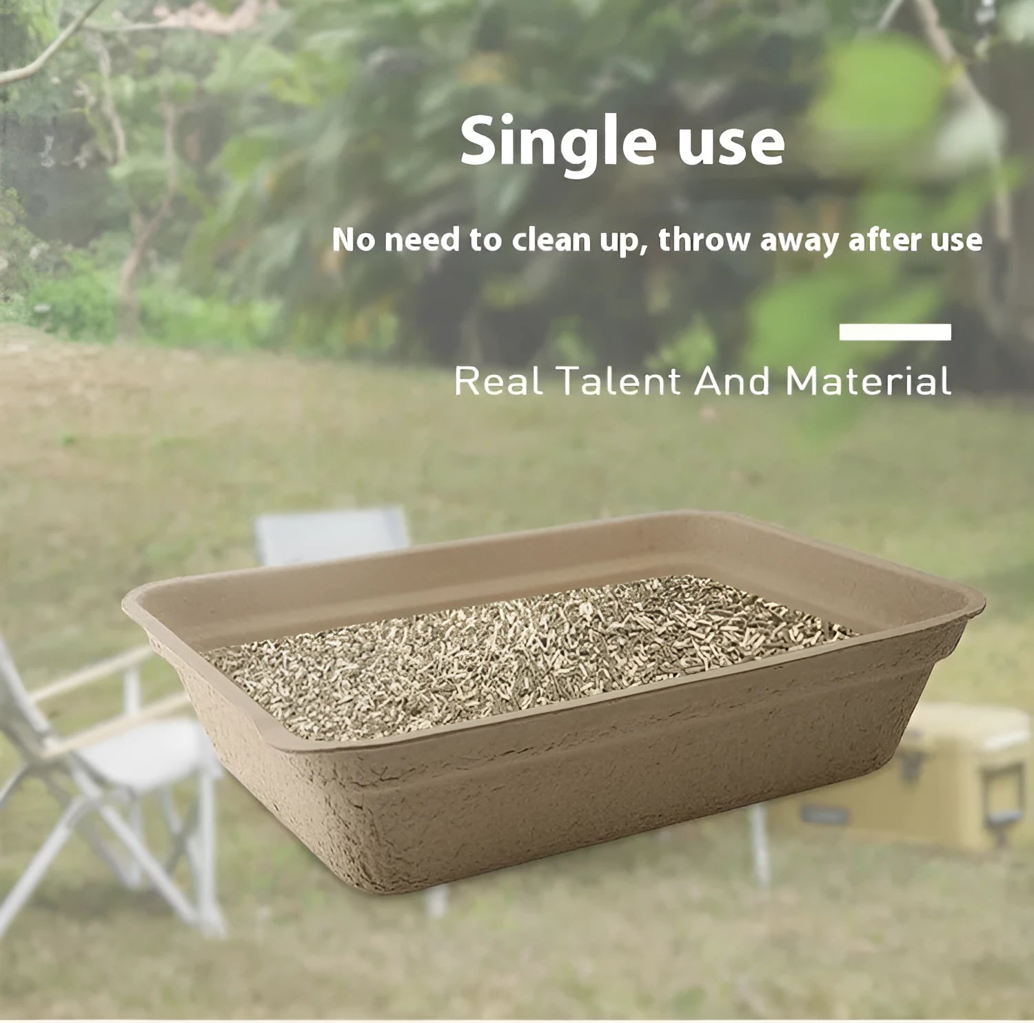 Brown disposable waterproof cat litter box shown in a small size, suitable for travel with pets.