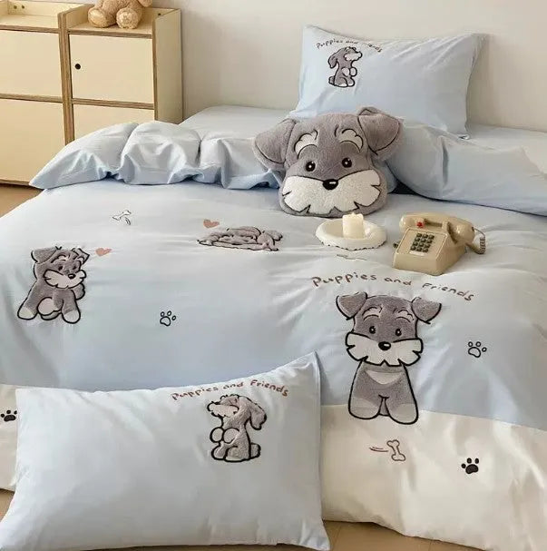 Schnauzer cartoon embroidery on a complete cotton bedding set with quilt cover, flat sheet, and pillowcases.