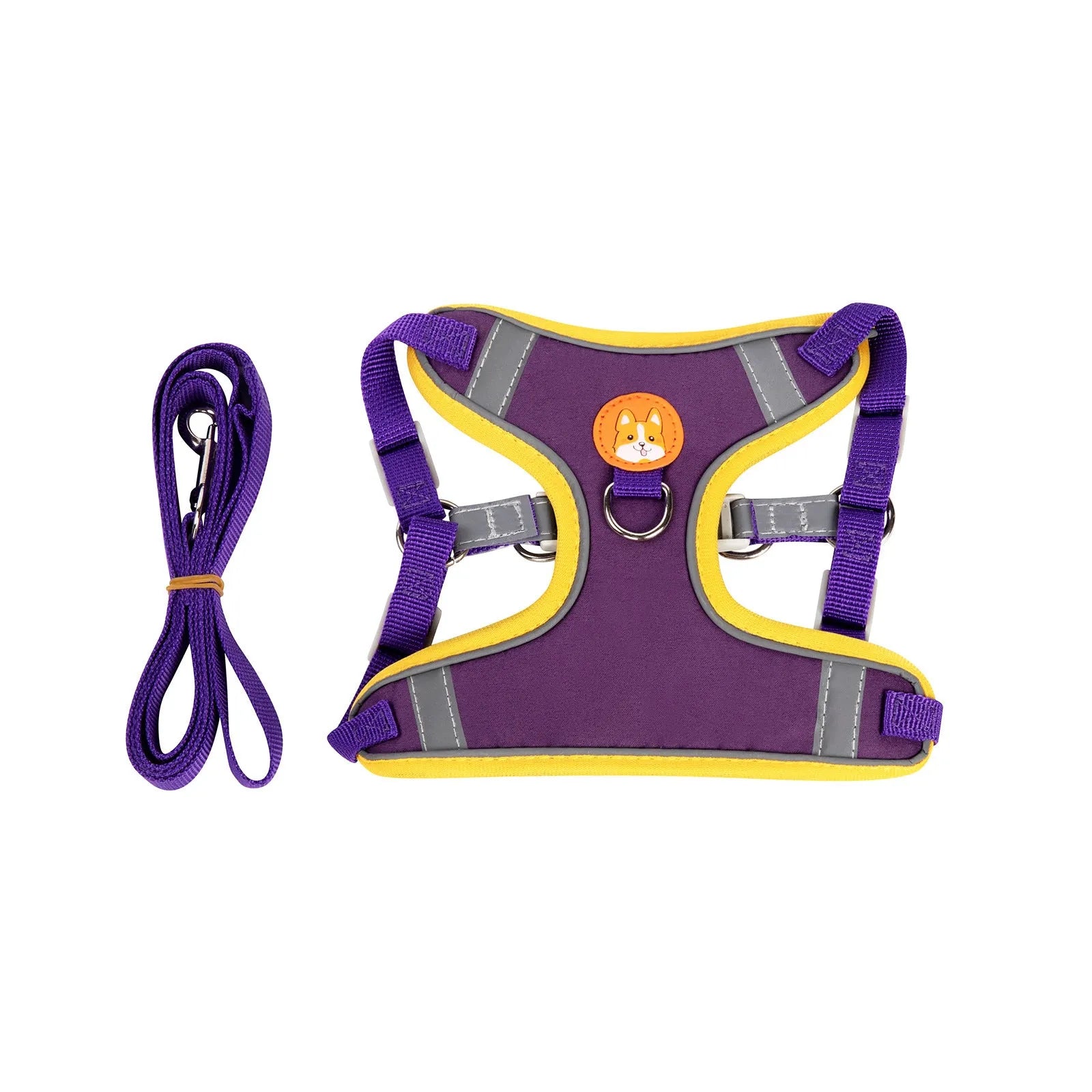 Adjustable dog harness and haulage rope set in purple, blue, orange, red, brown, or green with chest strap.