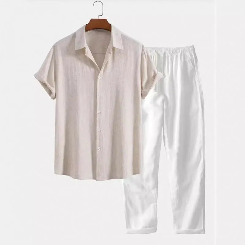 Men's loose fit linen-look casual suit set with short sleeve shirt and trousers
