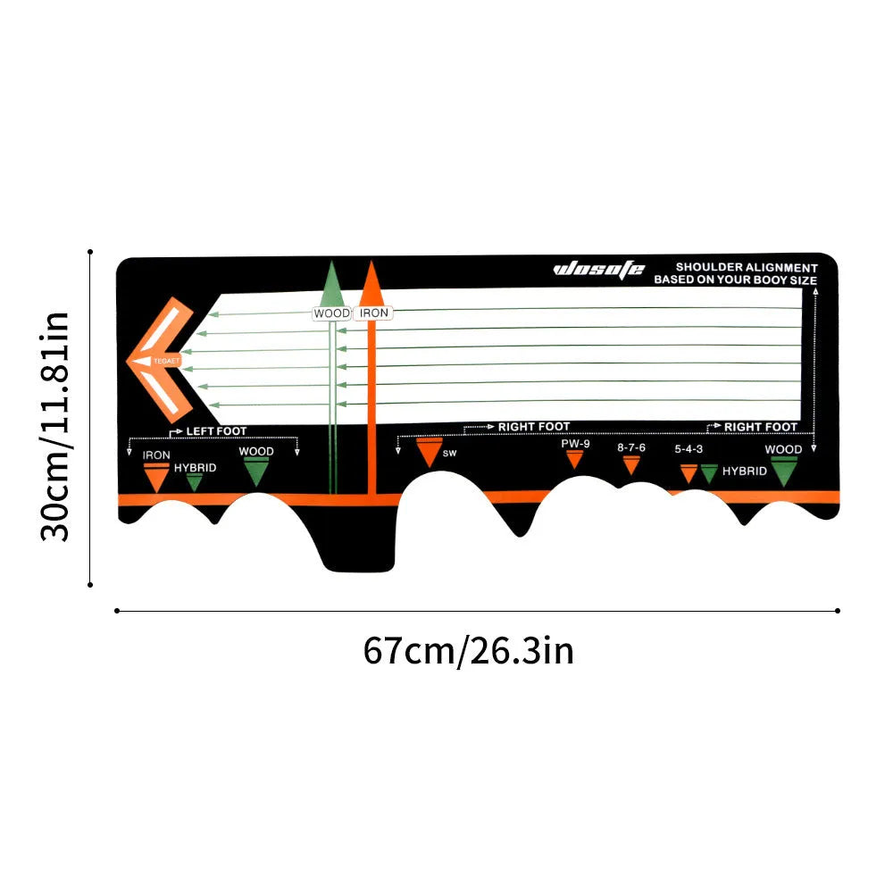 Black neoprene golf swing posture training pad with alignment markings for stance correction.