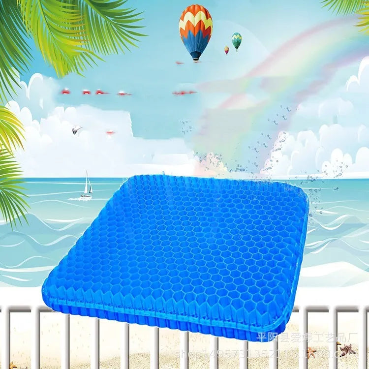 Double thick honeycomb gel seat cushion with removable cover for pressure relief and cooling.