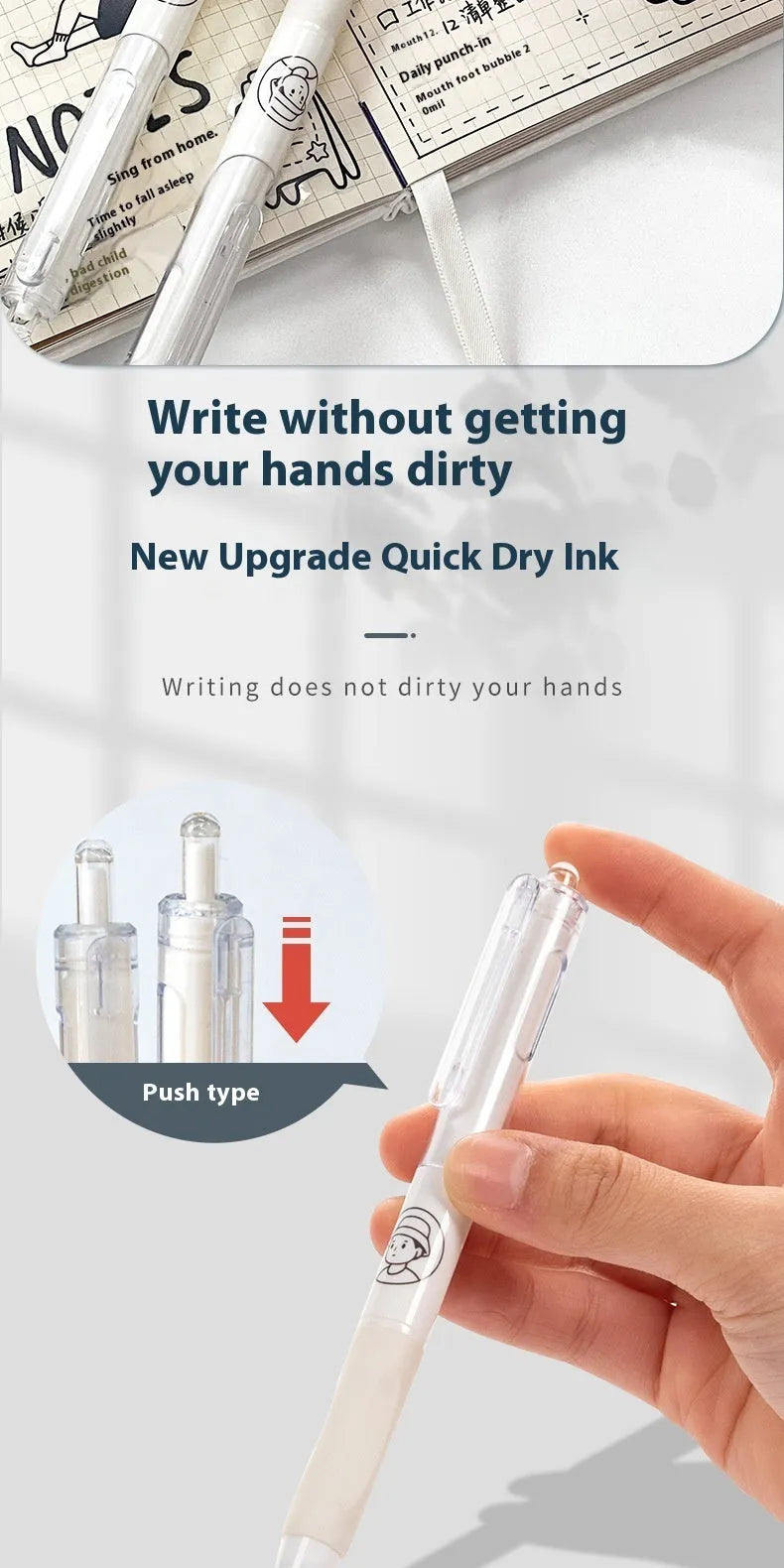 Five white plastic ballpoint pens with 0.5mm tips and black ink displayed together