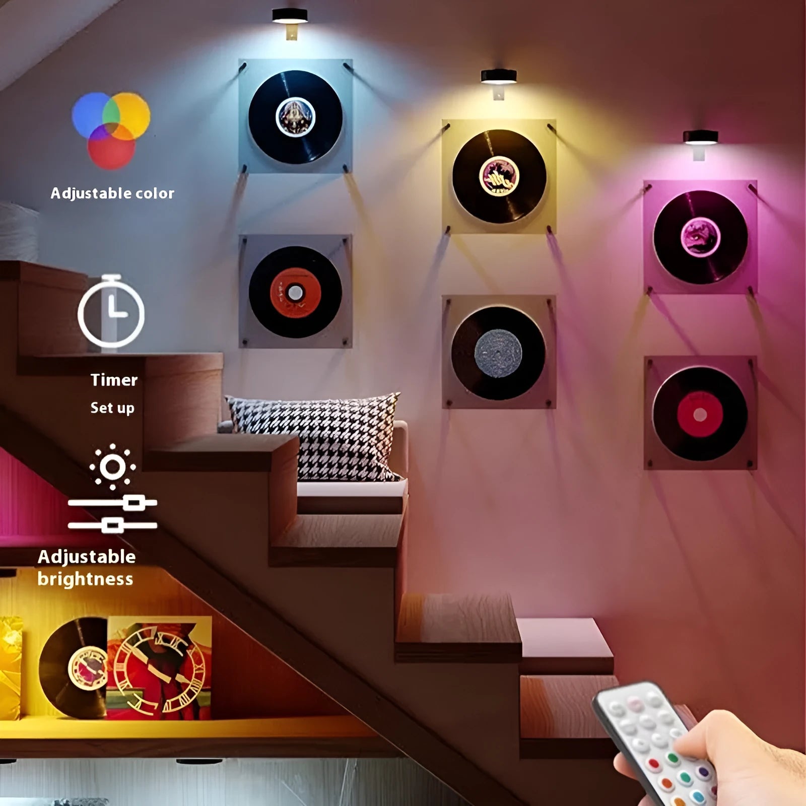 Magnetic wireless LED picture light with remote control in black finish illuminating a painting