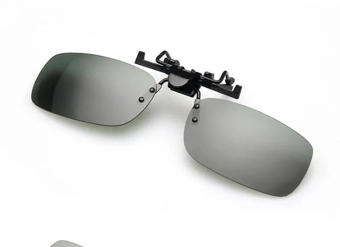 Plastic clip-on sunglasses attachment for prescription glasses, shown with dark green PC lens.