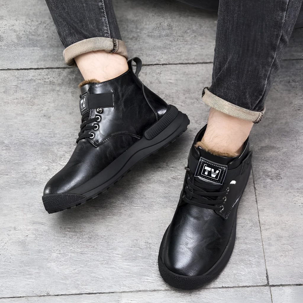 Men's black high-top platform boots with a velvet texture upper and thick rubber sole.