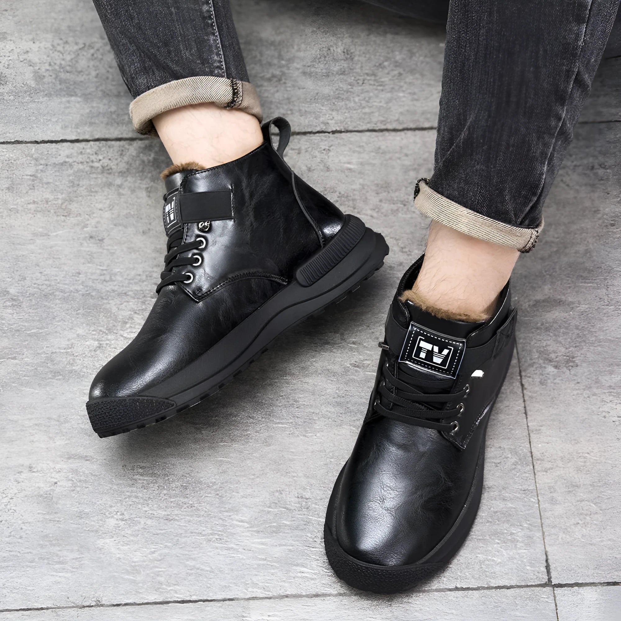 Men's black high-top platform boots with a velvet texture upper and thick rubber sole.