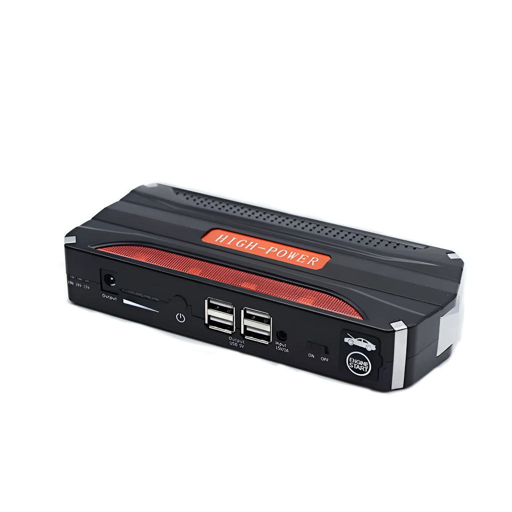 Black and red vehicle emergency jump starter with 7800mAh battery capacity showing connection clamps