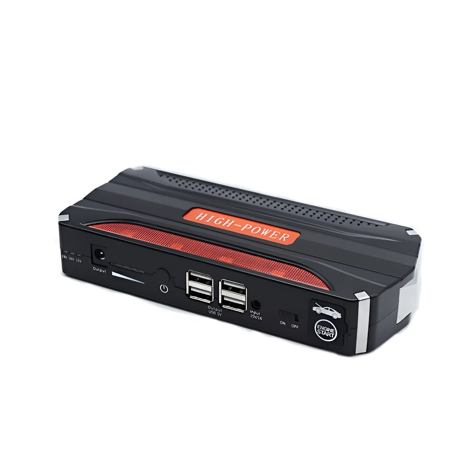 Black and red vehicle emergency jump starter with 7800mAh battery capacity showing connection clamps