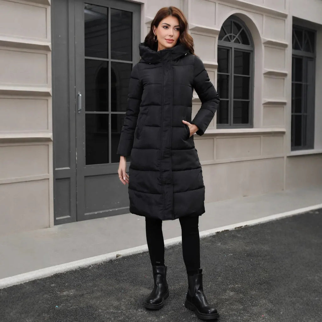Black hooded cotton winter jacket with slim fit design and long sleeves