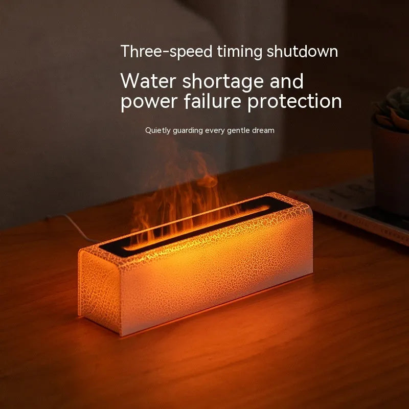 Square creative lava flame atmosphere humidifier and aroma diffuser with colourful LED lights on a desktop.