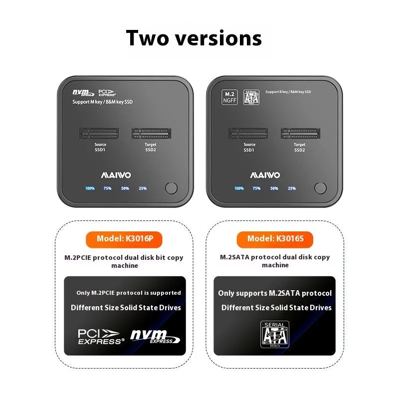 MAIWO K3016 M.2 SSD docking station for hard drive cloning with cables and power adapter.