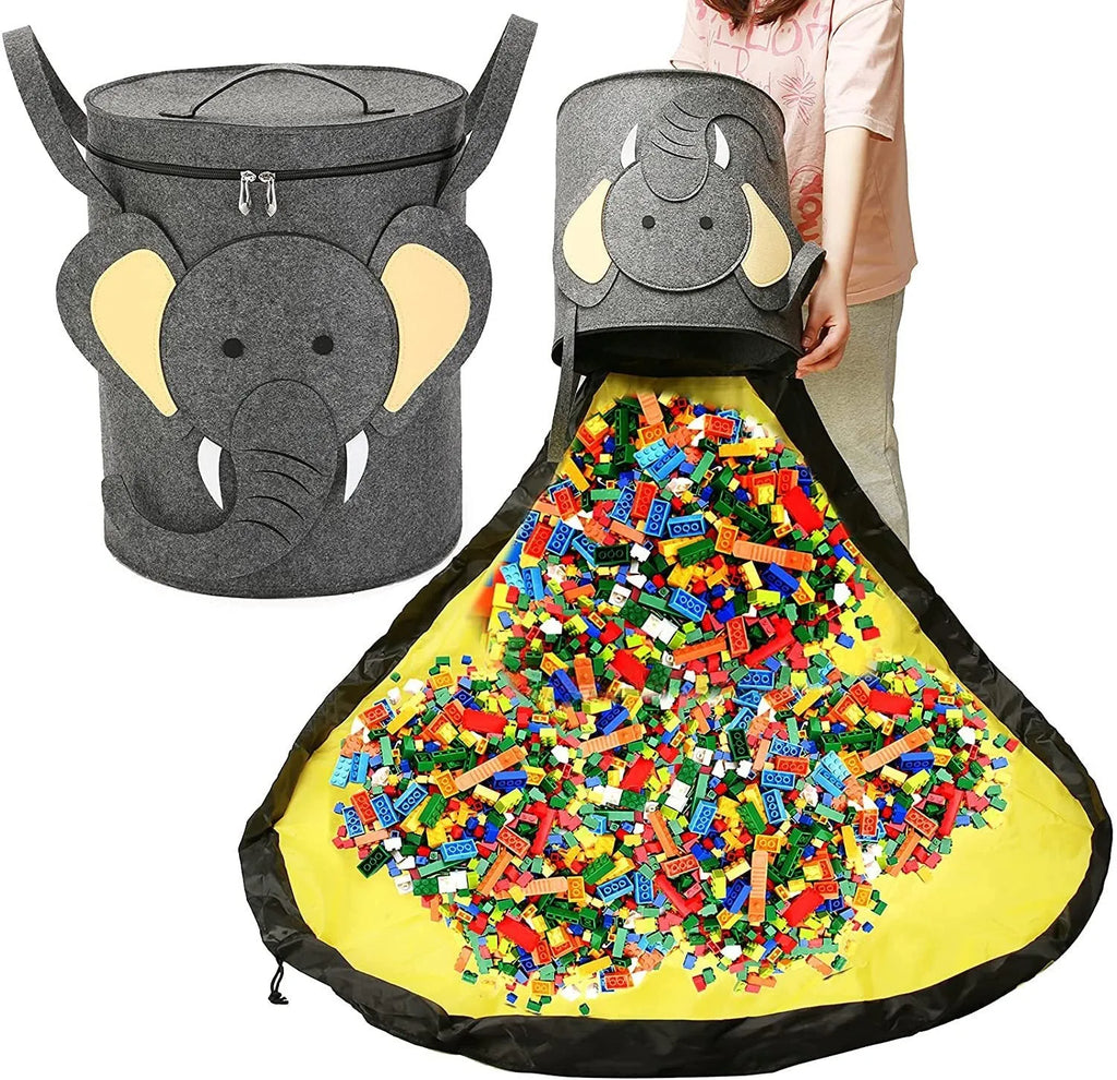 Green felt cube storage bag with pull rope laid flat as play mat for toy organisation
