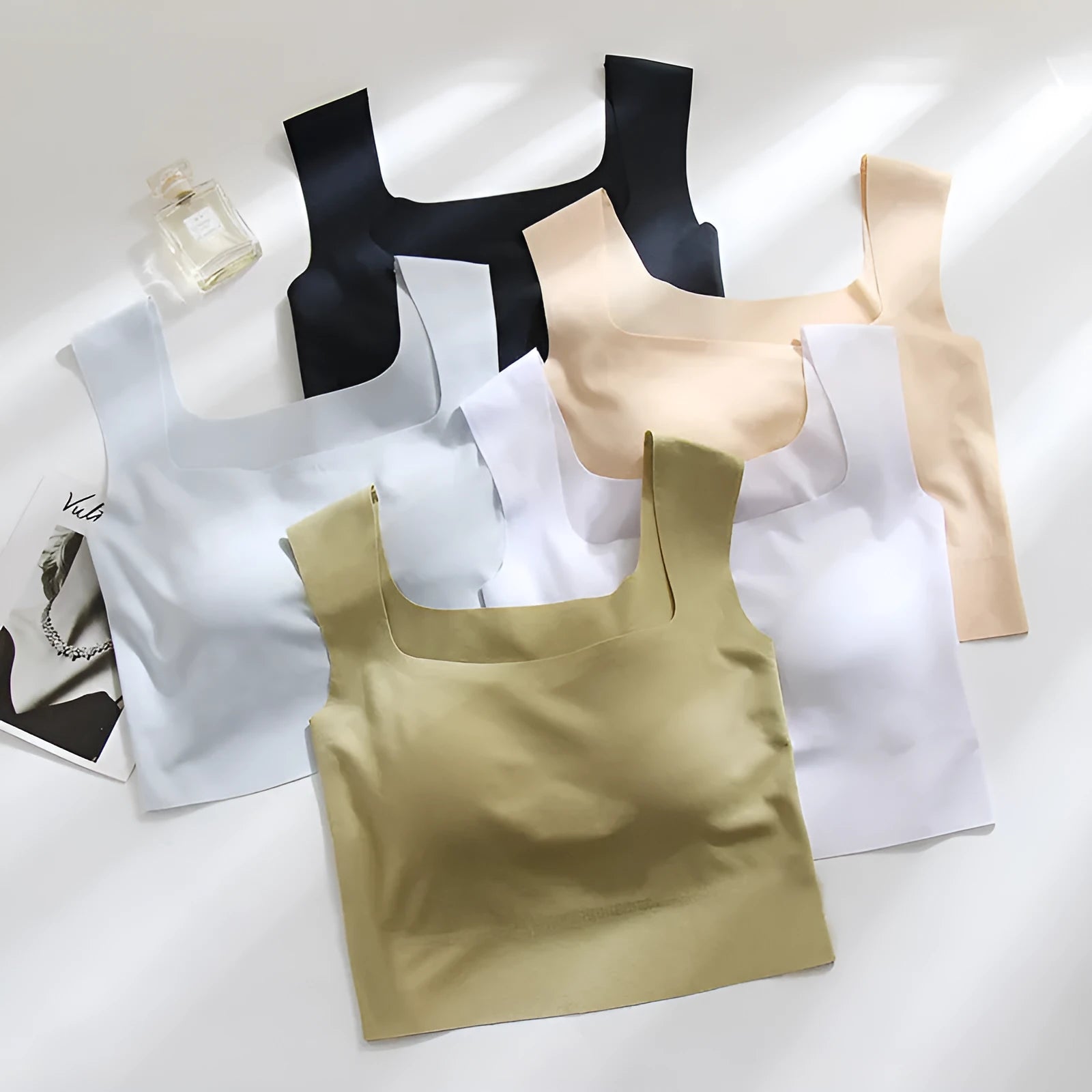 Women's non-marking sling vest with chest pad in nylon fabric with thin mould cup