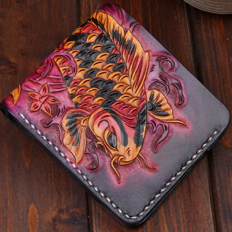 Men's hand-carved cow leather short wallet in red, blue, or gold, showing open design and compact size.