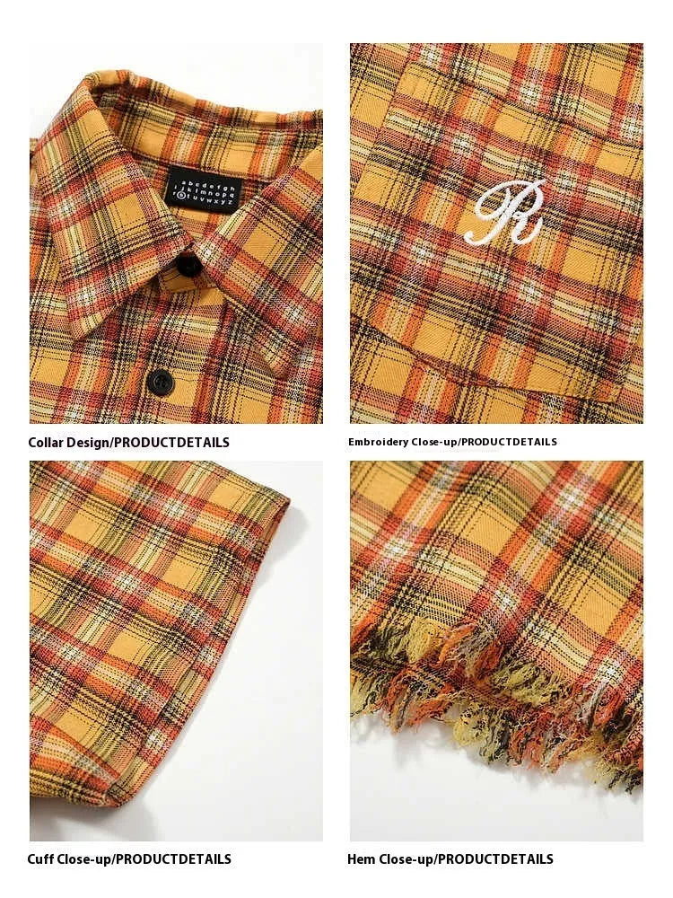 Yellow plaid short-sleeve shirt with embroidery and side pockets, loose fit for men and women