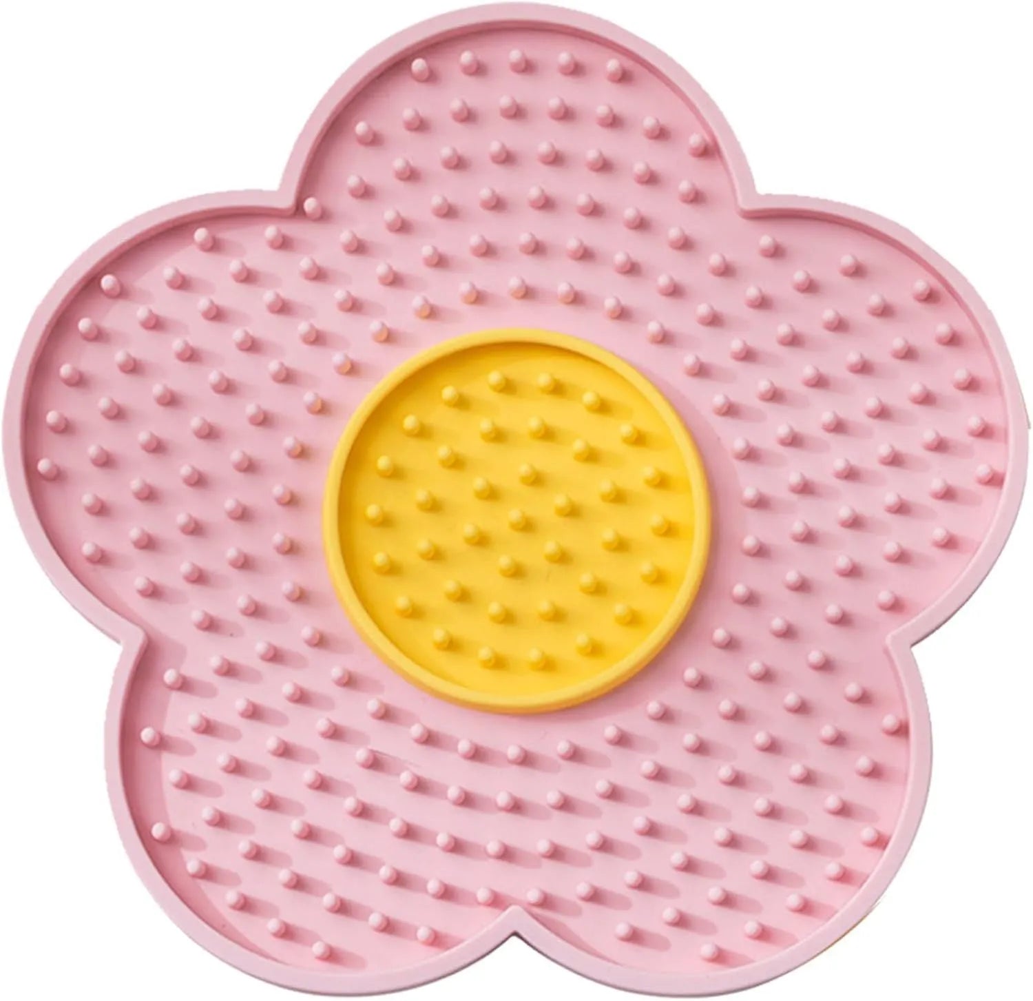Flower-shaped blue silicone pet lick mat with suction cups on a smooth surface