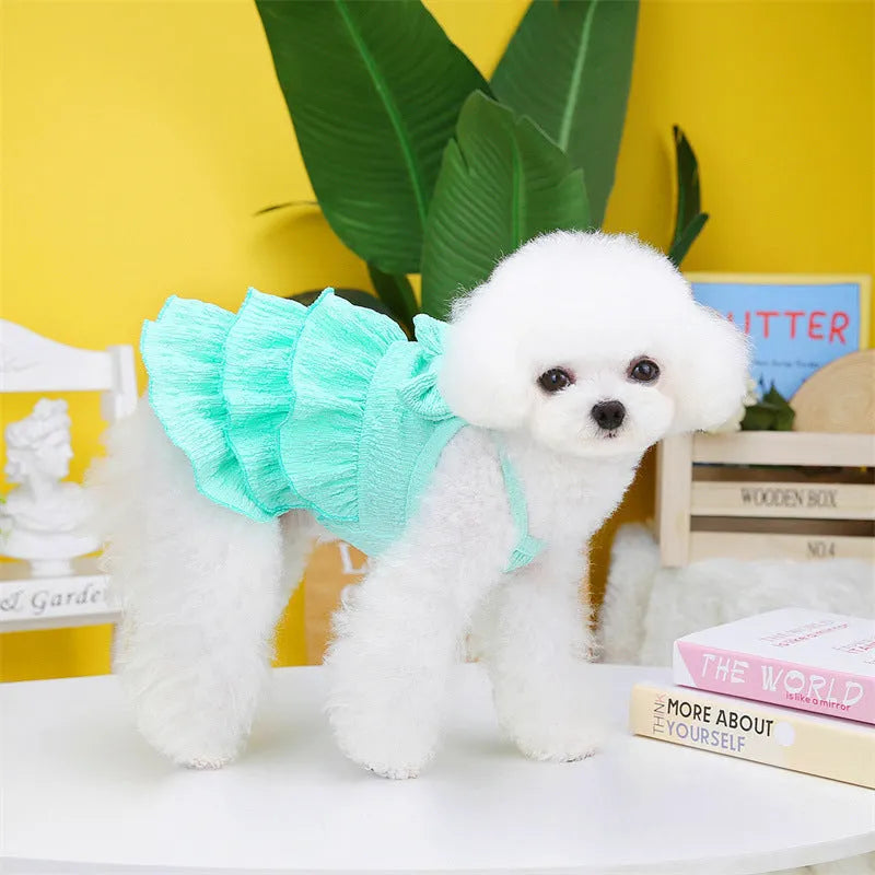 Small dog wearing polyester princess dress with layered skirt in rose red, yellow or water green colour