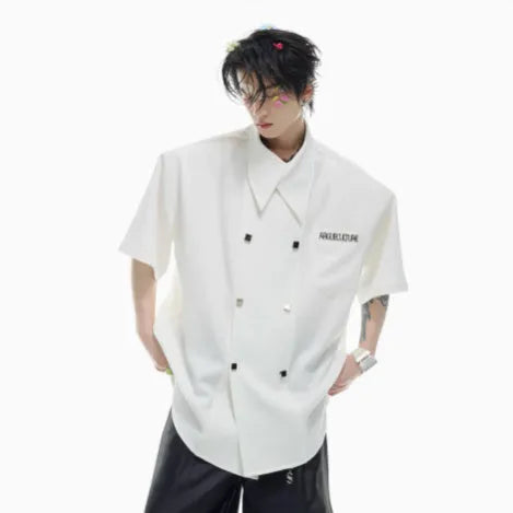 Men's loose fit short-sleeved casual shirt with lapel collar and splicing details in summer colours