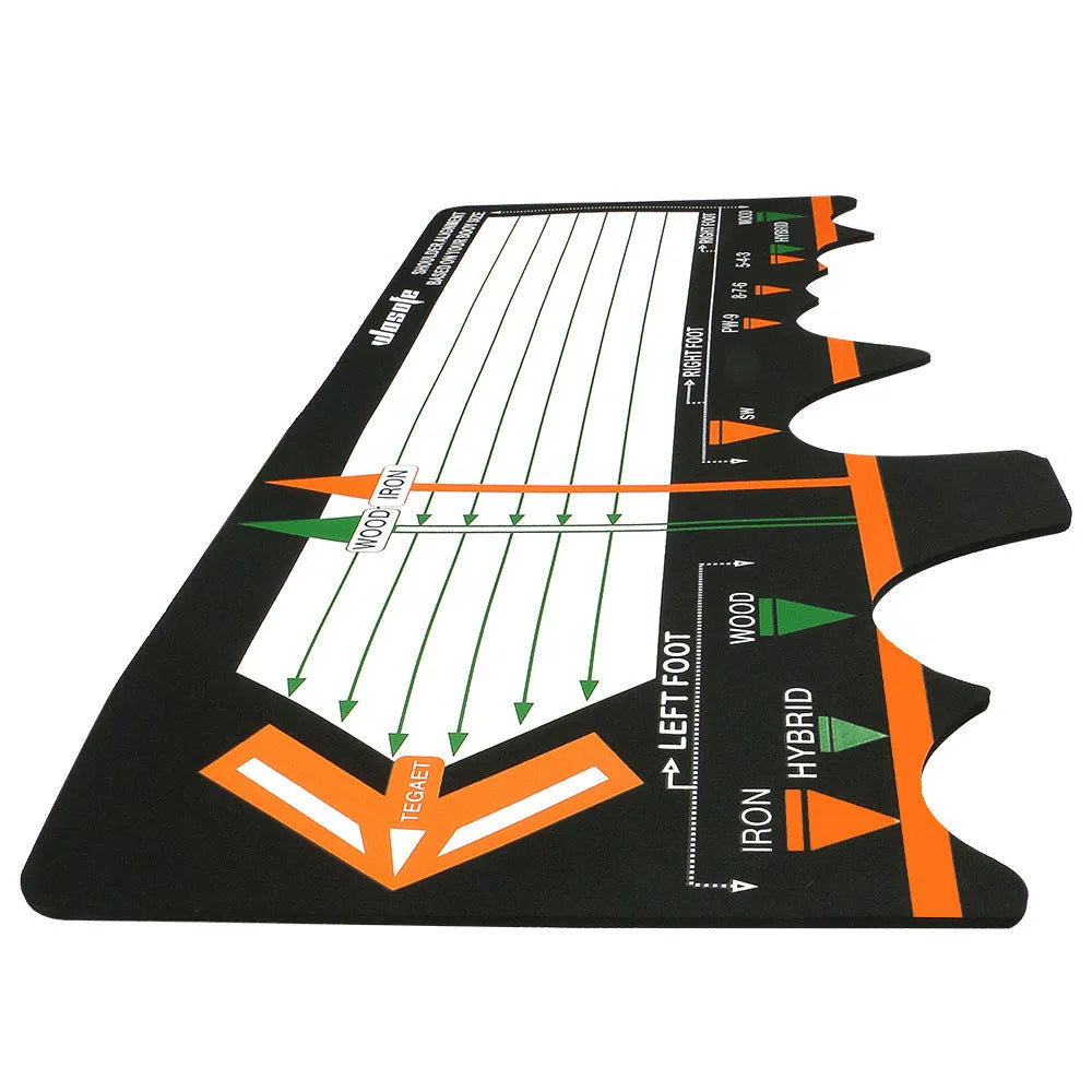 Black neoprene golf swing posture training pad with alignment markings for stance correction.