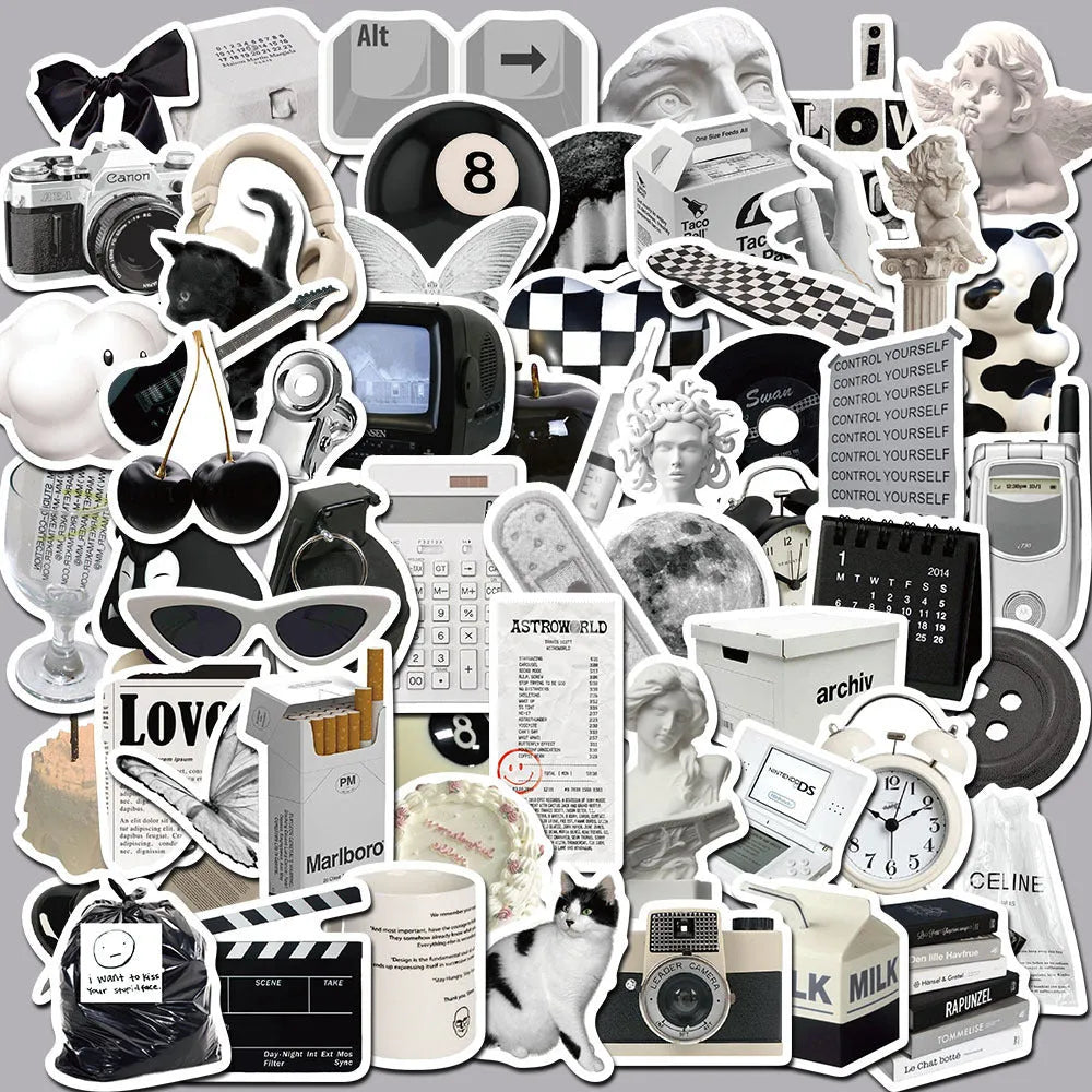 Black and white PVC waterproof sticker set with 61 painting designs for laptops and phones