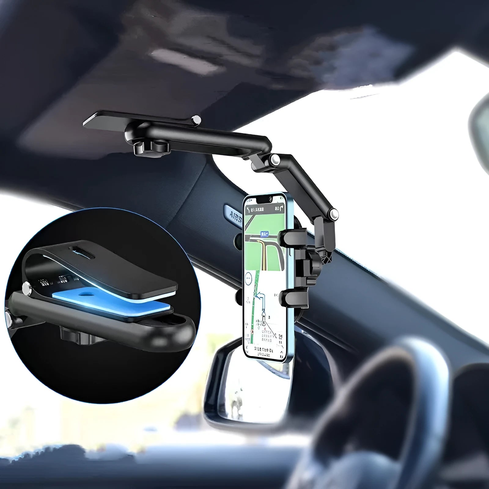 Car sun visor with buckle mount for rear seat windows in black or green colour