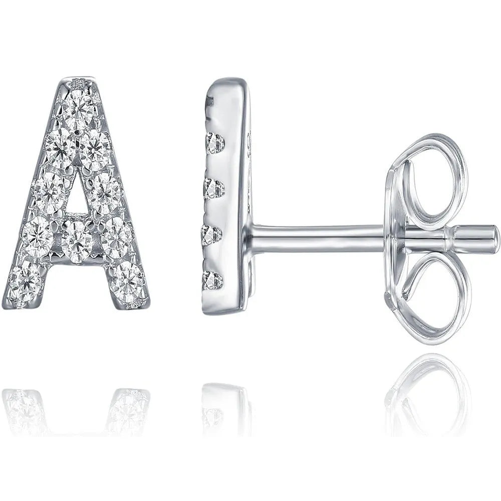 A single gold plated earring shaped like the letter A, set with small sparkling zircon stones.