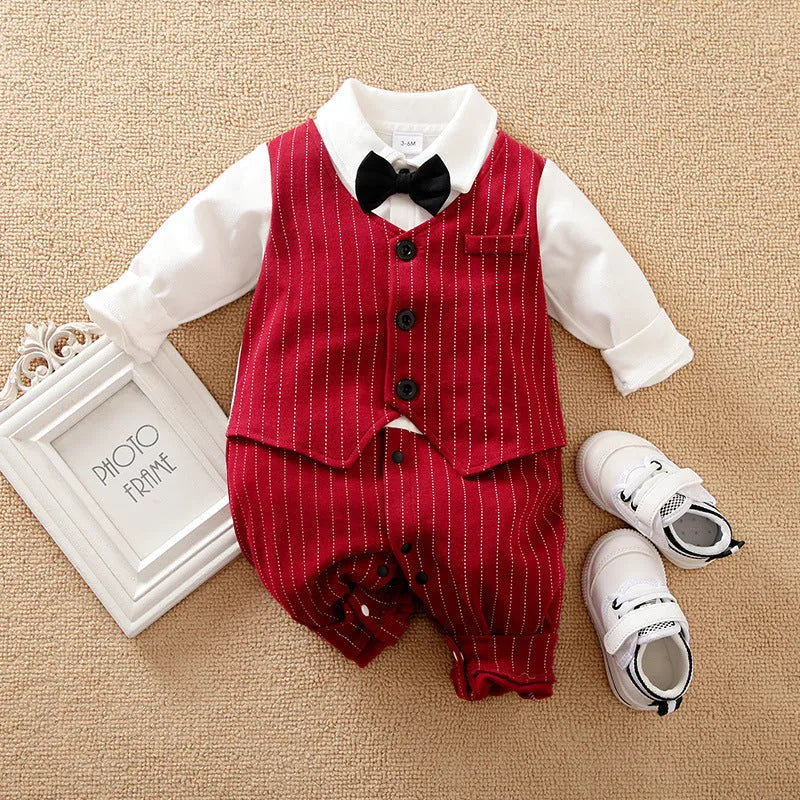 Wine red cotton baby boy romper with long sleeves and single-breasted closure.