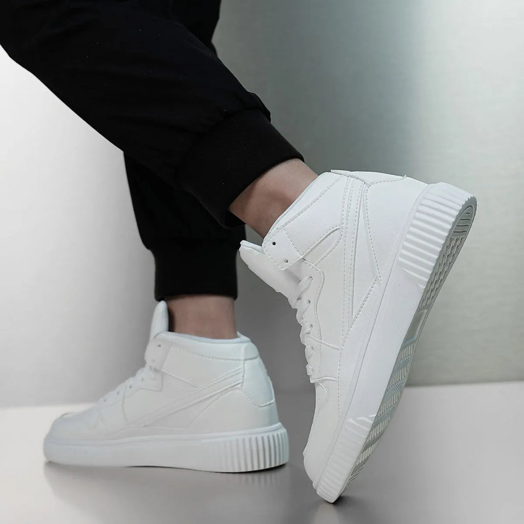White men's casual shoes with round toe design and microfiber upper material