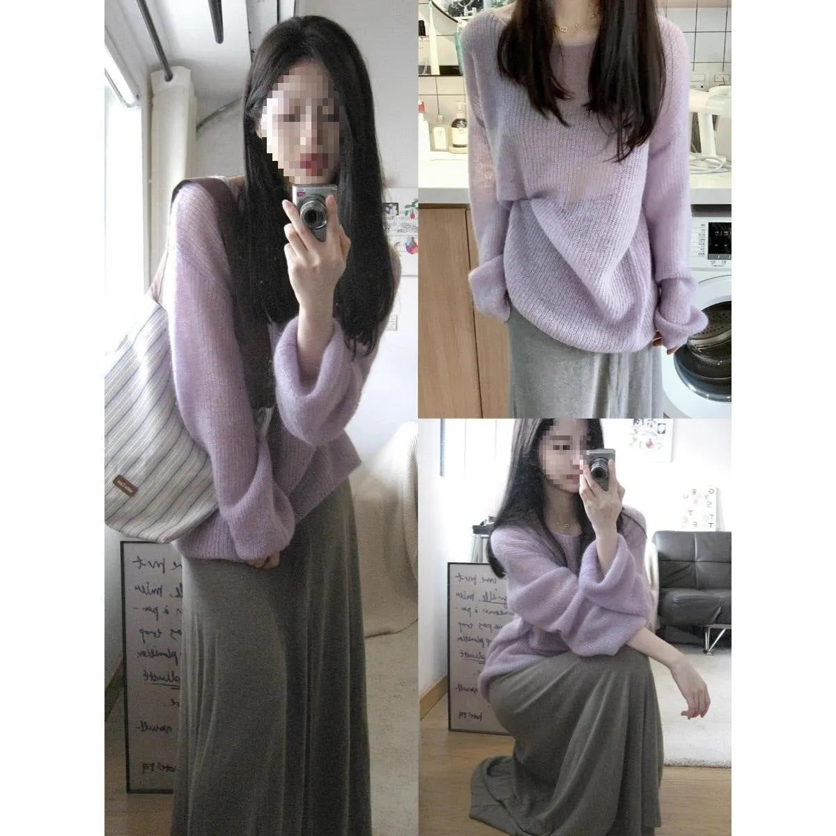 Purple women's ice silk blouse with round neck, princess sleeves, and a shoulder strap detail.