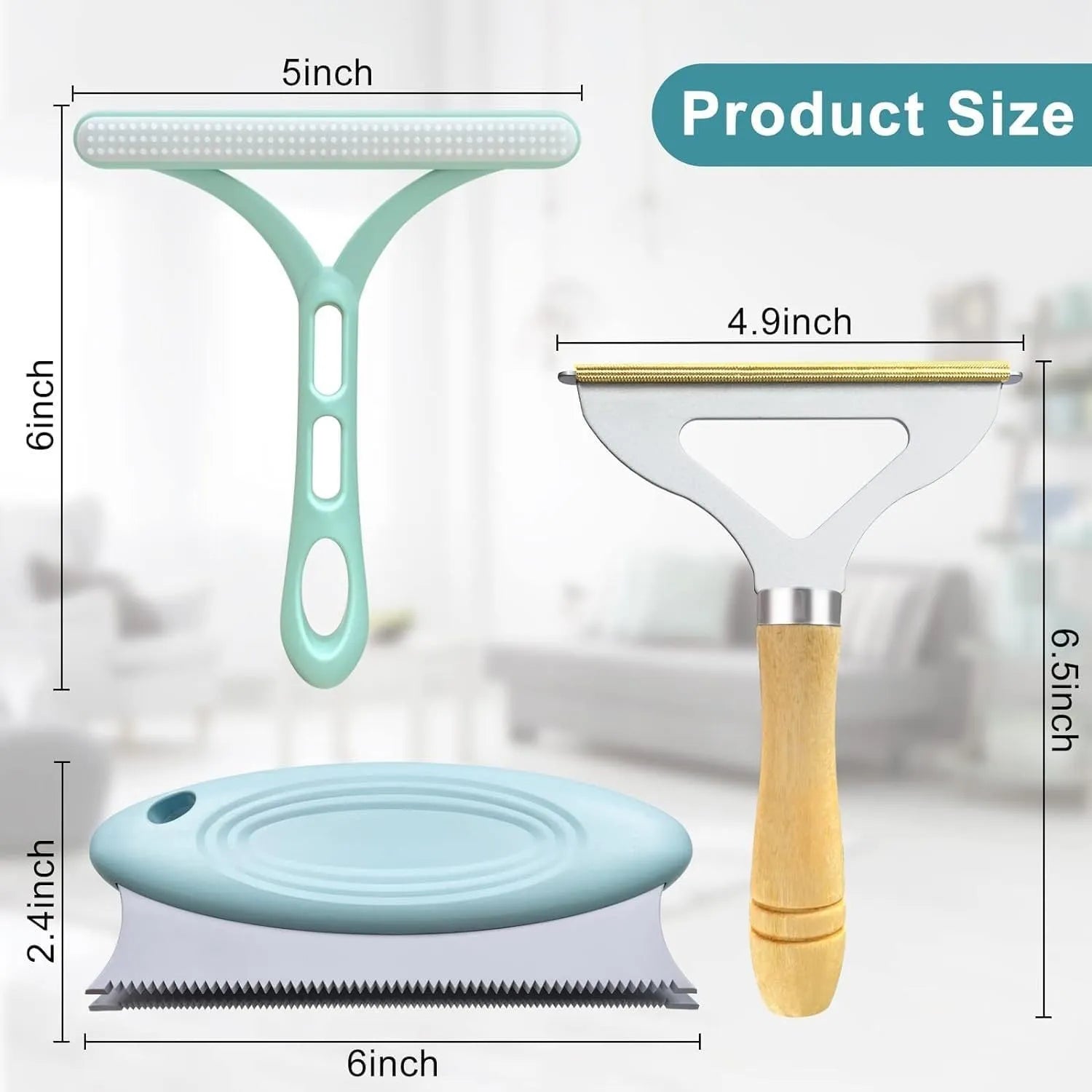 Three-piece pet hair remover set with metal tool, silicone brush, and round scraper on a beige fabric.