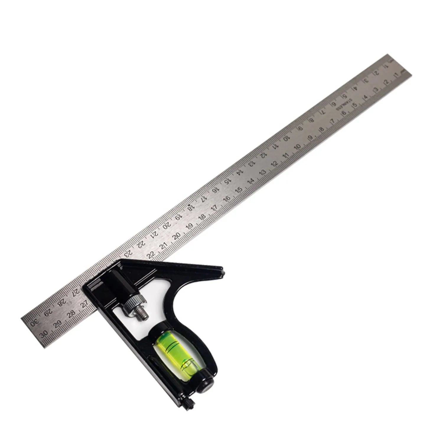 Red anodised aluminium combination angle ruler showing dual-sided metric centimetre and millimetre scales.