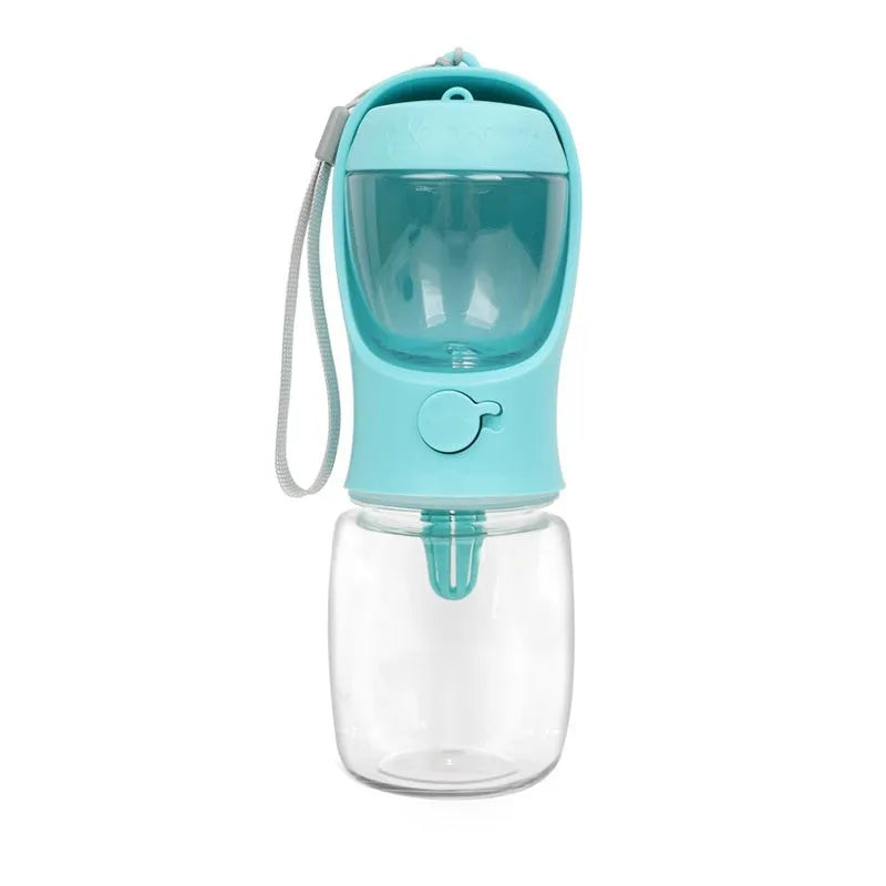 Blue portable plastic dog drinking cup with dual-use design for walks.