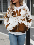Yellow brown cow coloured hooded cardigan jacket with animal pattern print and front zipper