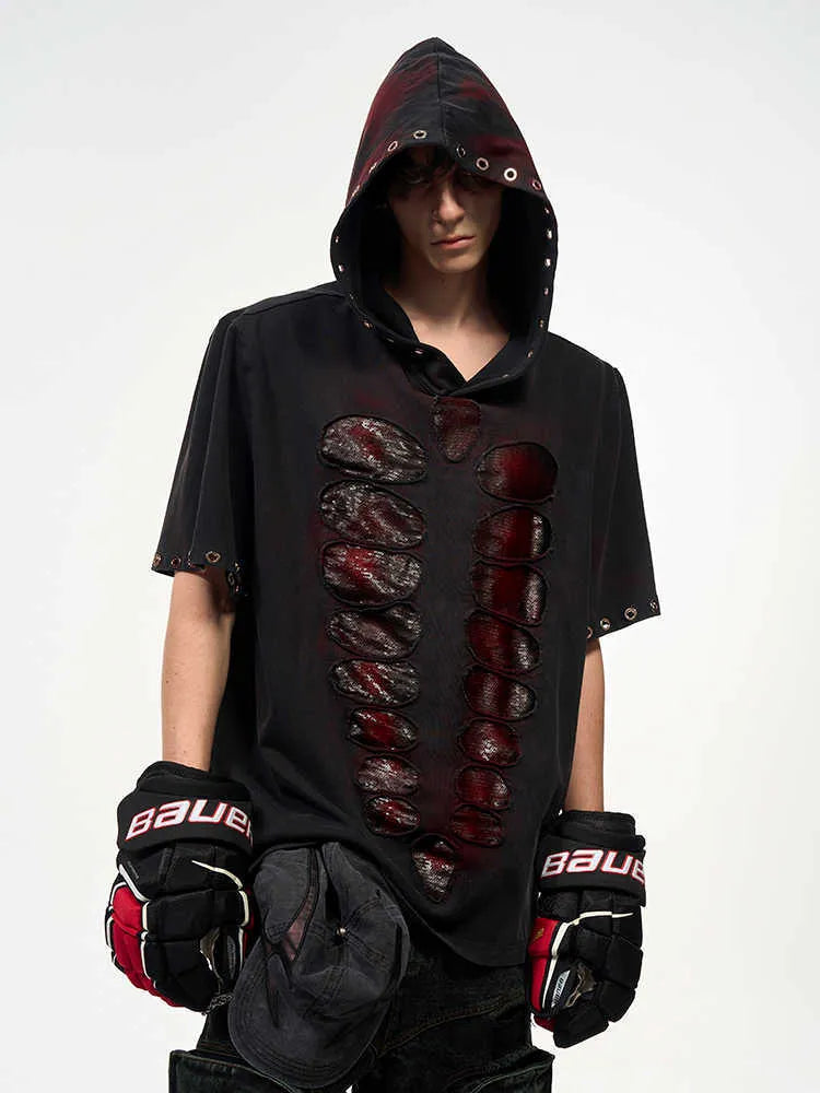 Black men's hooded short-sleeve T-shirt with sequin detailing, loose fit