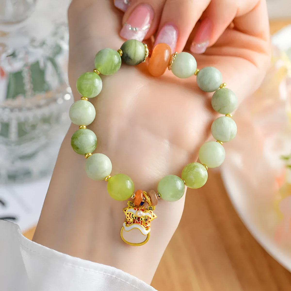Green milk-in-water Xingshi pendant bracelet with 10mm geometric jade bead