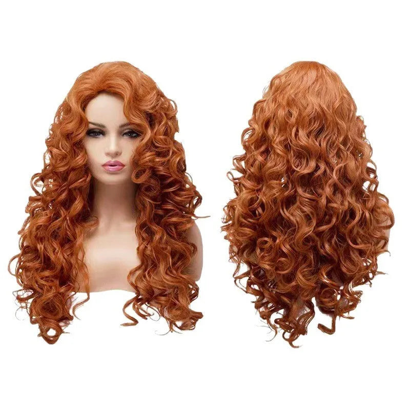 Brown long wavy curly synthetic wig with net cap for Halloween and cosplay