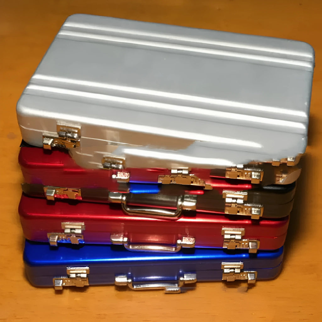 Slim aluminium alloy RFID blocking card holder in six colour options showing dimensions.