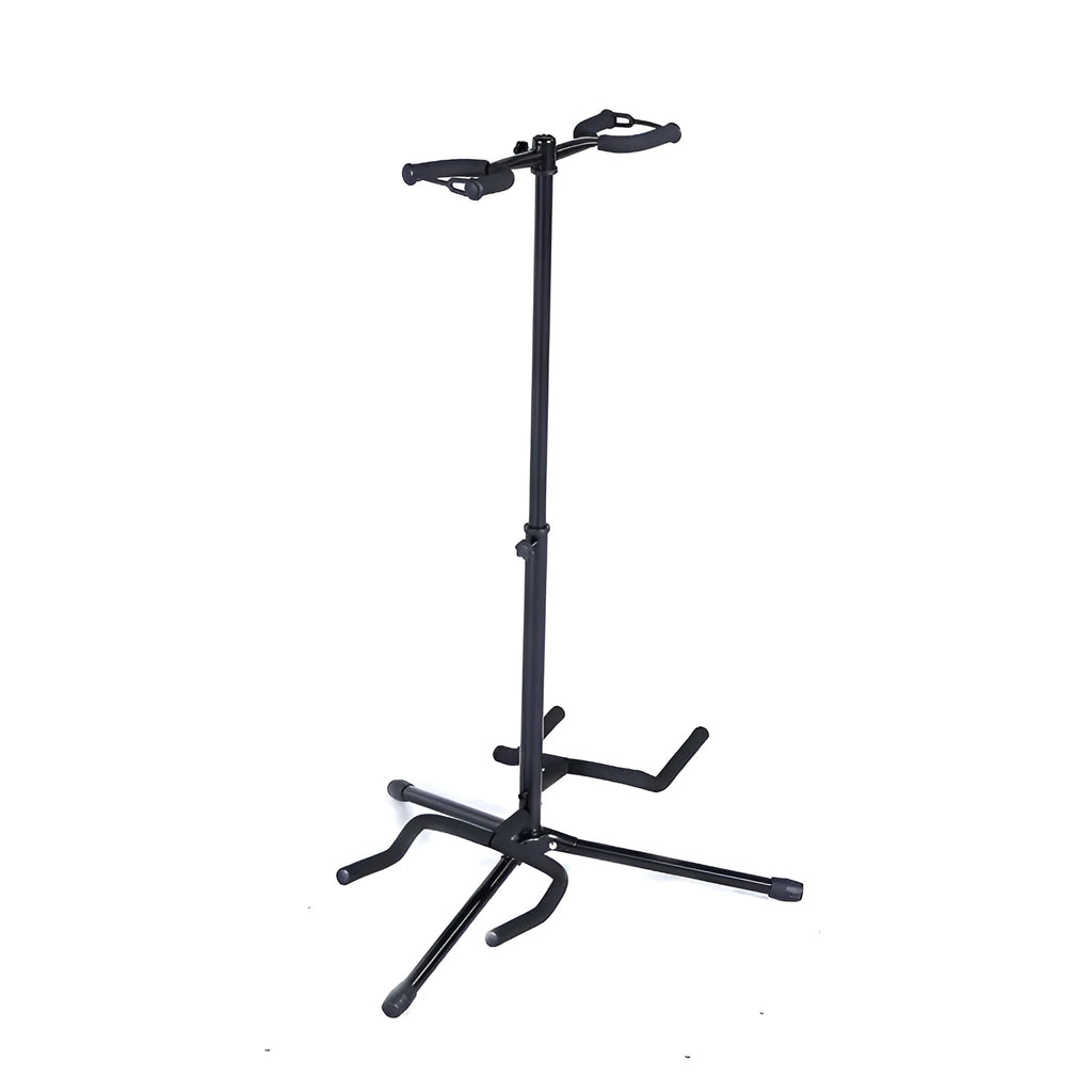 Black vertical double-headed adjustable iron guitar stand on a tripod base.