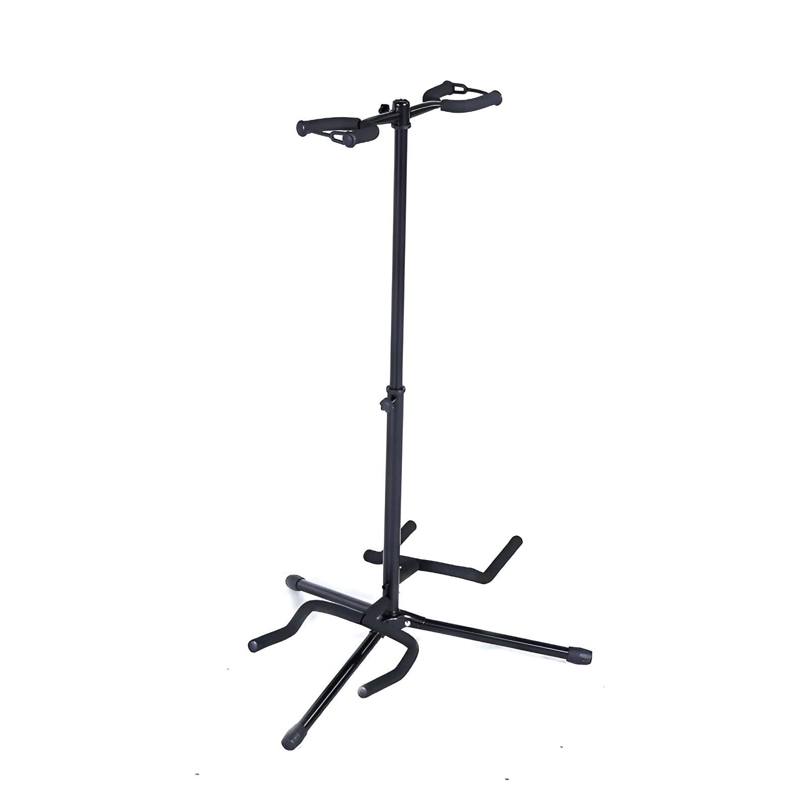 Black vertical double-headed adjustable iron guitar stand on a tripod base.