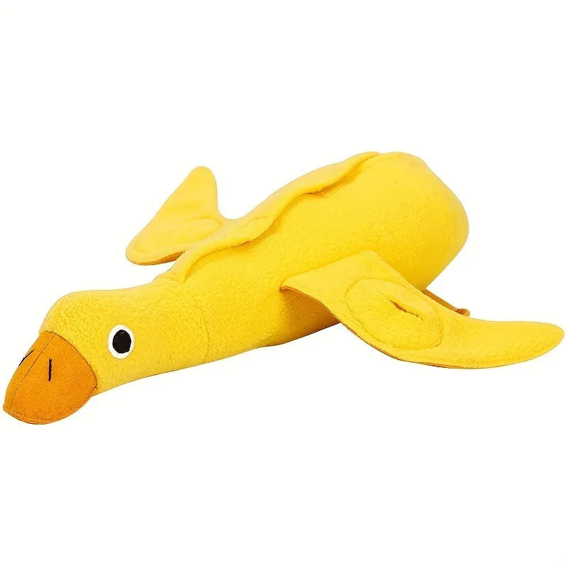 Yellow teddy dog toy with duck sound feature and treat dispensing openings for training