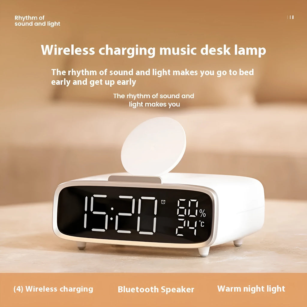 White wireless charger with Bluetooth speaker and night lamp functions showing Qi charging surface