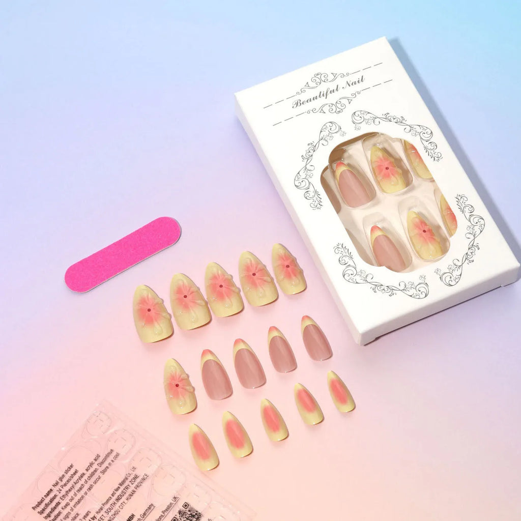 Set of pink plastic fake nails with raised 3D cartoon flower designs, jelly glue, and a nail file.